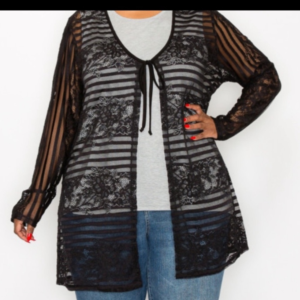 Chic Black Lace Cardigan Tie Closure Size 1X